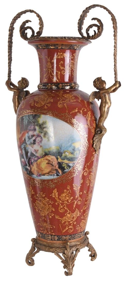 Amfora din portelan Craquele cu ingerasi din bronz