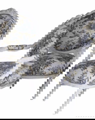 Set doua semifotolii baroc din lemn masiv alb cu tapiterie cu flori albastre