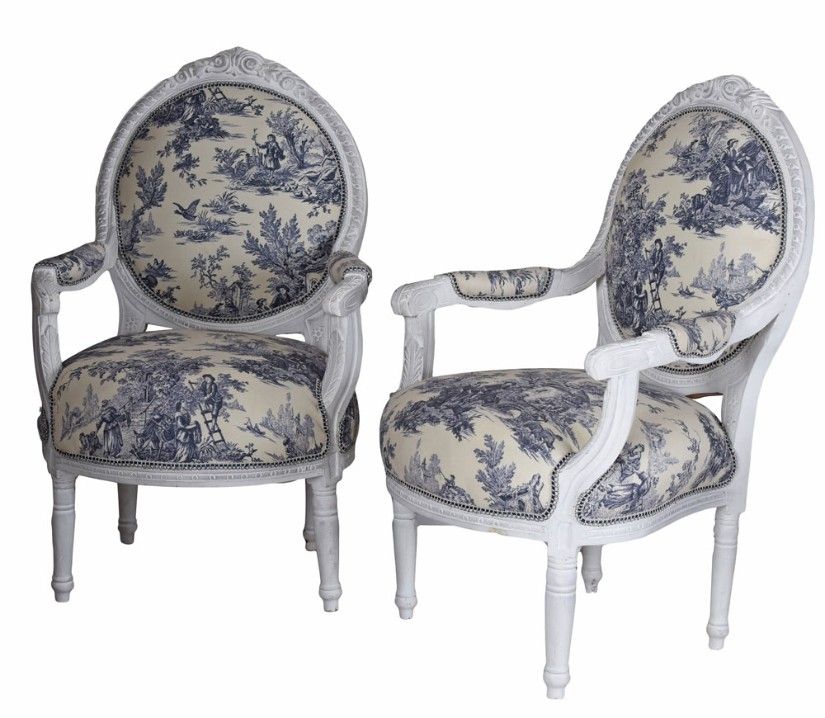 Set doua semifotolii baroc din lemn masiv alb cu tapiterie cu flori albastre