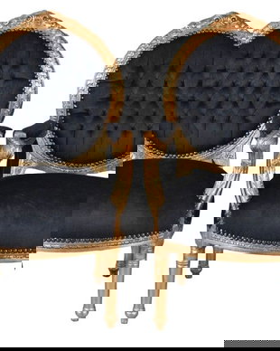 Set doua semifotolii baroc din lemn masiv auriu cu tapiterie neagra