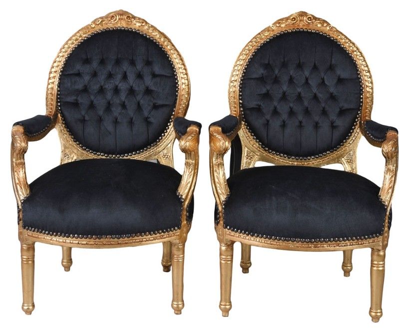 Set doua semifotolii baroc din lemn masiv auriu cu tapiterie neagra