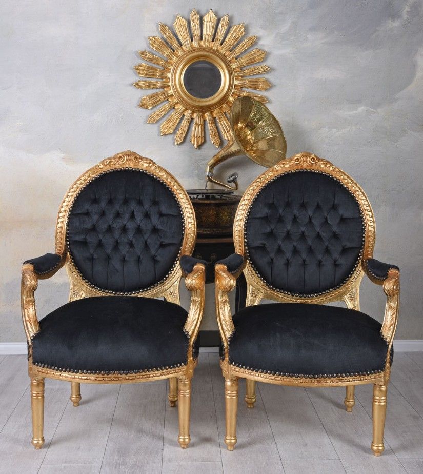 Set doua semifotolii baroc din lemn masiv auriu cu tapiterie neagra