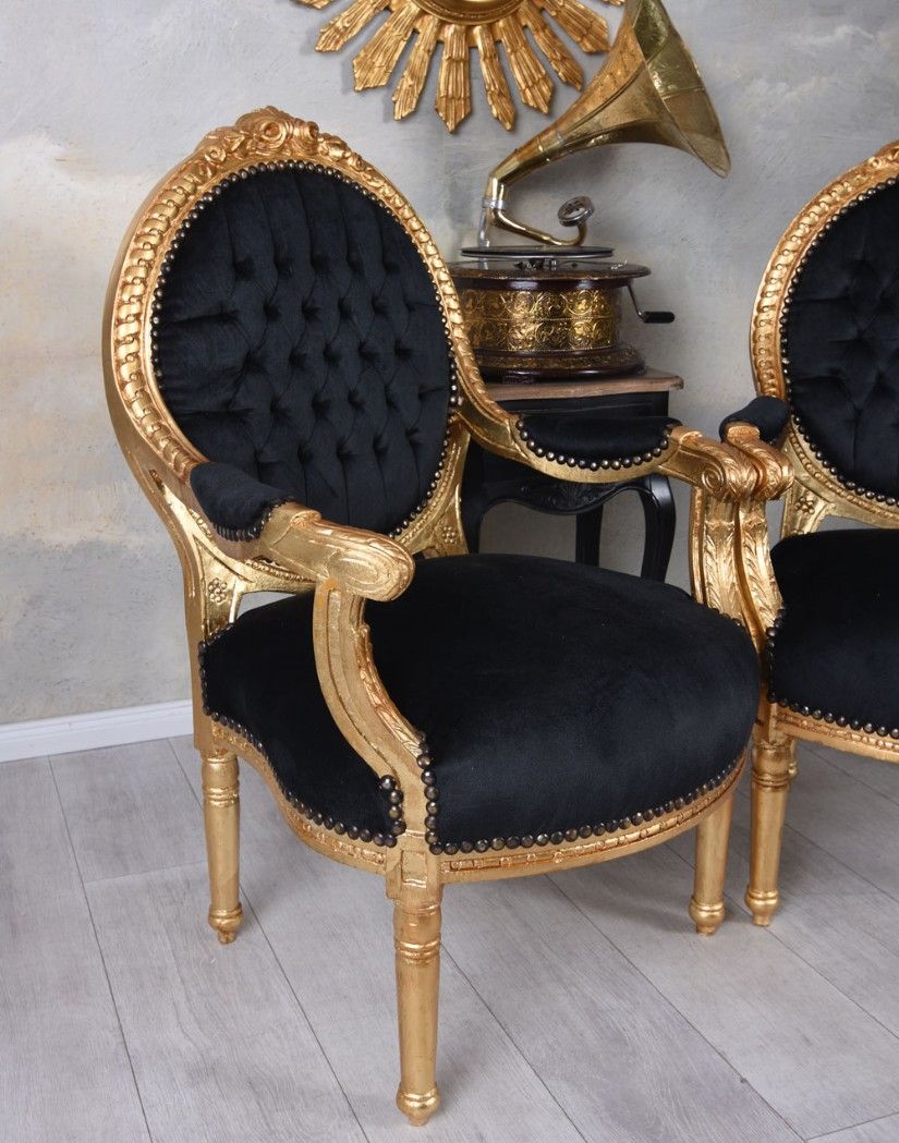 Set doua semifotolii baroc din lemn masiv auriu cu tapiterie neagra