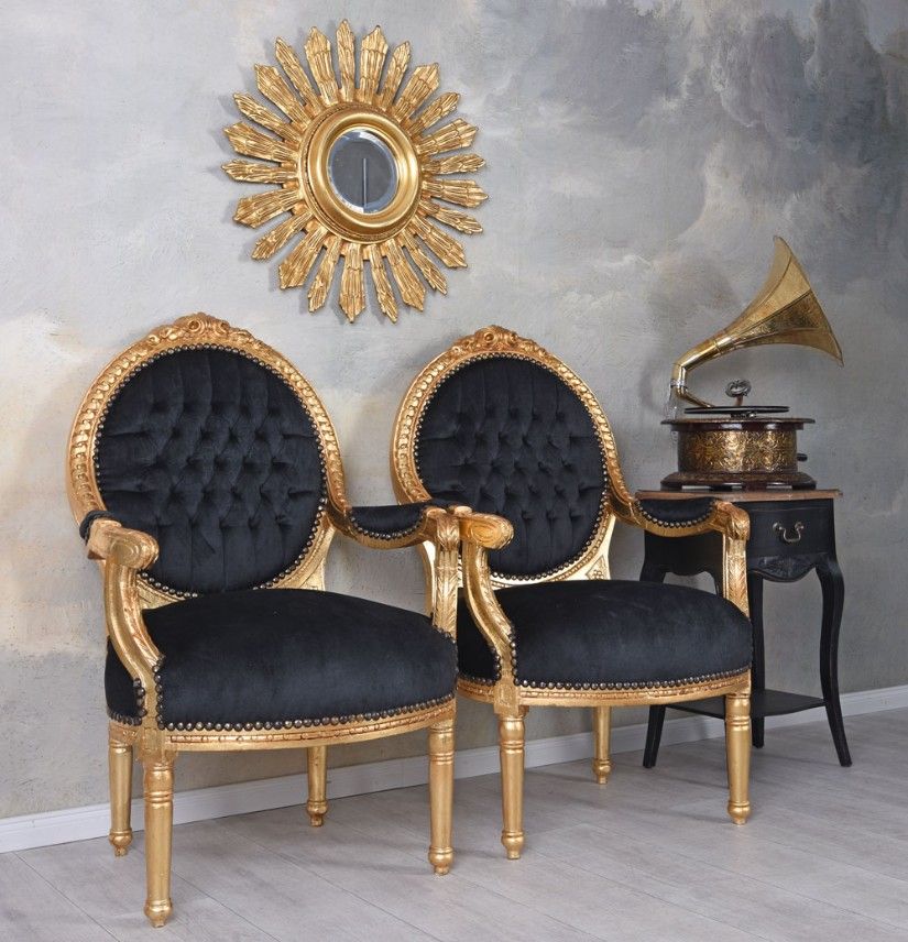 Set doua semifotolii baroc din lemn masiv auriu cu tapiterie neagra