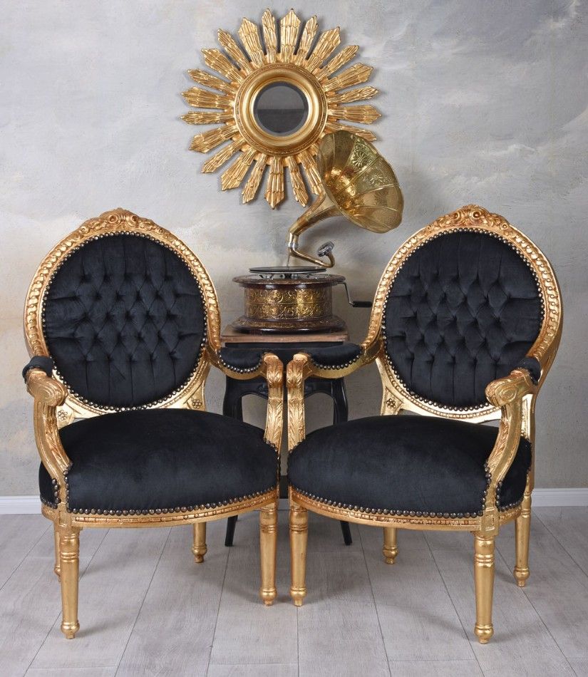 Set doua semifotolii baroc din lemn masiv auriu cu tapiterie neagra