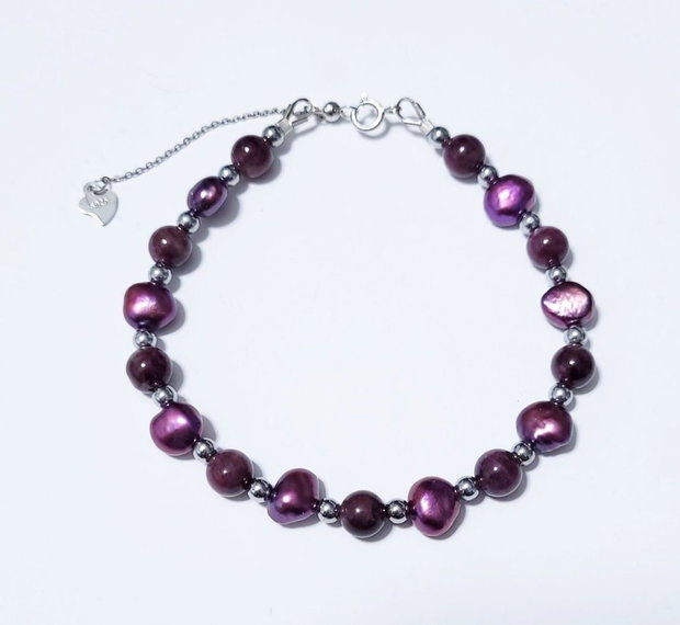 Bratara argint 925 cu turmalina violet, perle de cultura si hematit