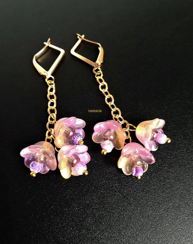 cercei flori clopotei violet galben si agate