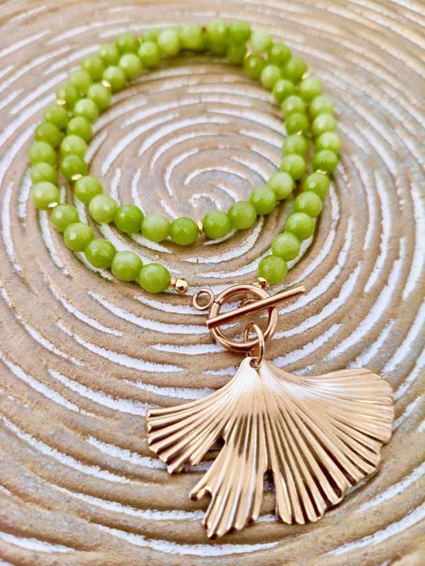 Colier CHOKER jad verde crud & frunza ginkgo aurie