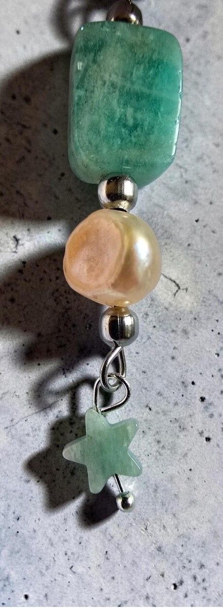 Cercei handmade cu amazonit și perle baroque, cercei verzi eleganți cu steluță, model mediu alungit