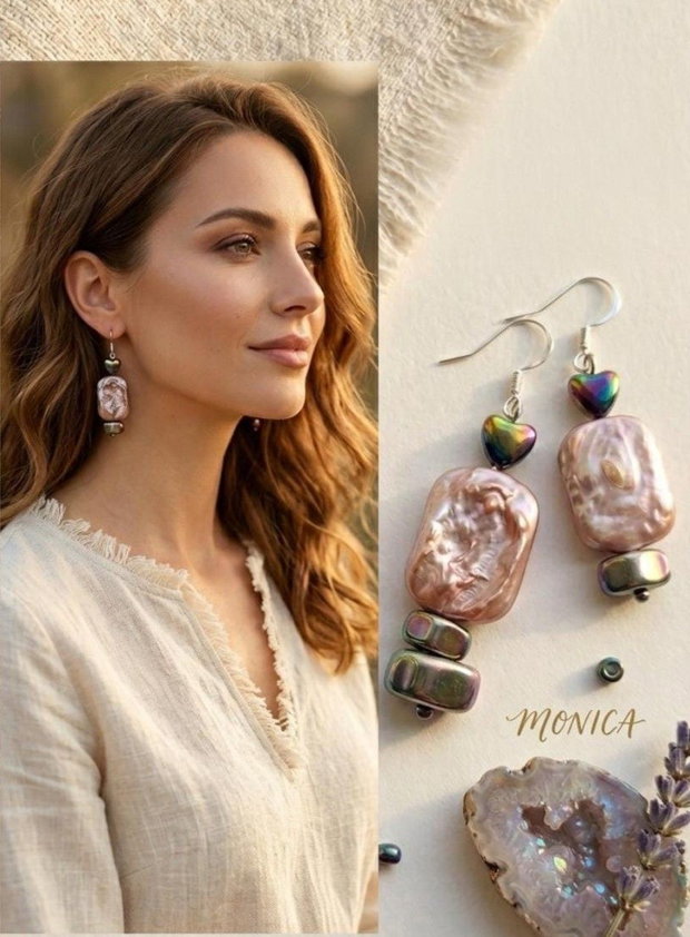 Cercei handmade inimă cu perle baroque și hematit irizat, cercei statement eleganti