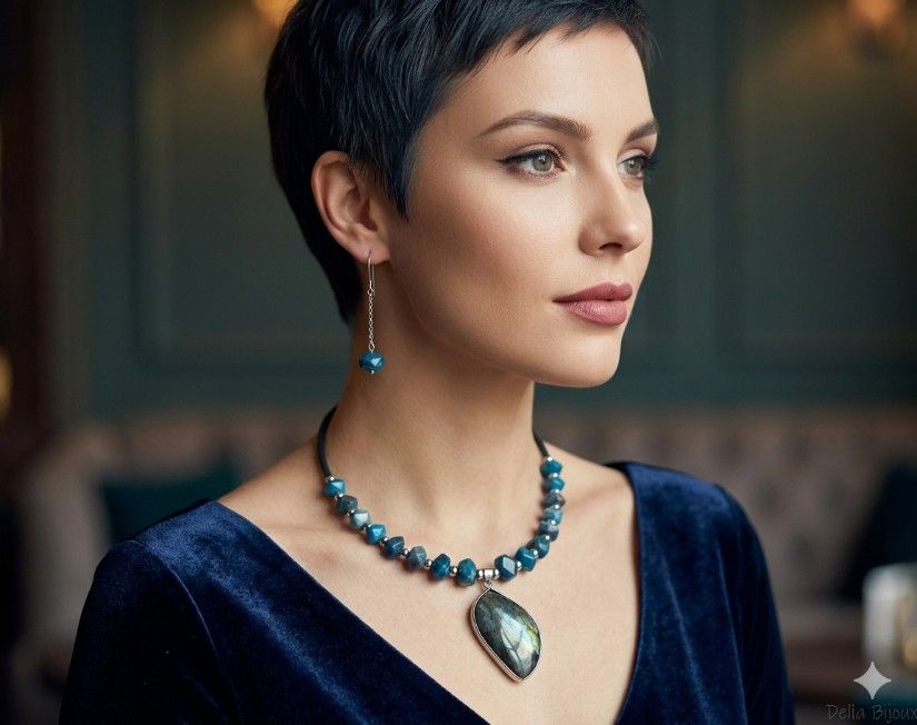 Set bijuterii cu apatit și labradorit colier statement & cercei eleganți (cod1415)