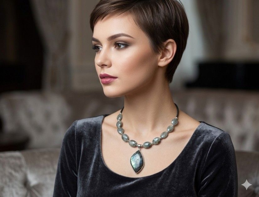 Colier elegant cu labradorit fatetat si pandantiv labradorit (cod1416)