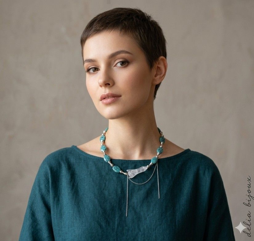 Colier Statement Blue Harmony Jasp Albastru și Cristal de Stâncă Asimetric (cod1418)