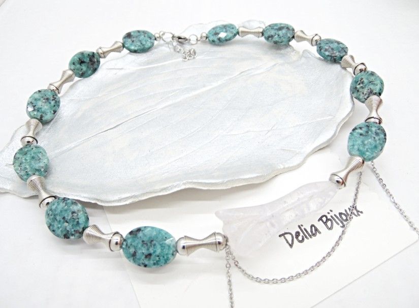 Colier Statement Blue Harmony Jasp Albastru și Cristal de Stâncă Asimetric (cod1418)