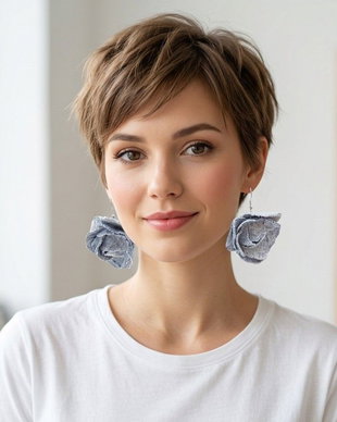 Cercei statement din blugi reciclat  flori handmade (cod1421)