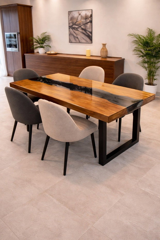 Masă din lemn masiv cu rășină epoxidică neagră - dining modern - dimensiuni personalizate - ATP Wood