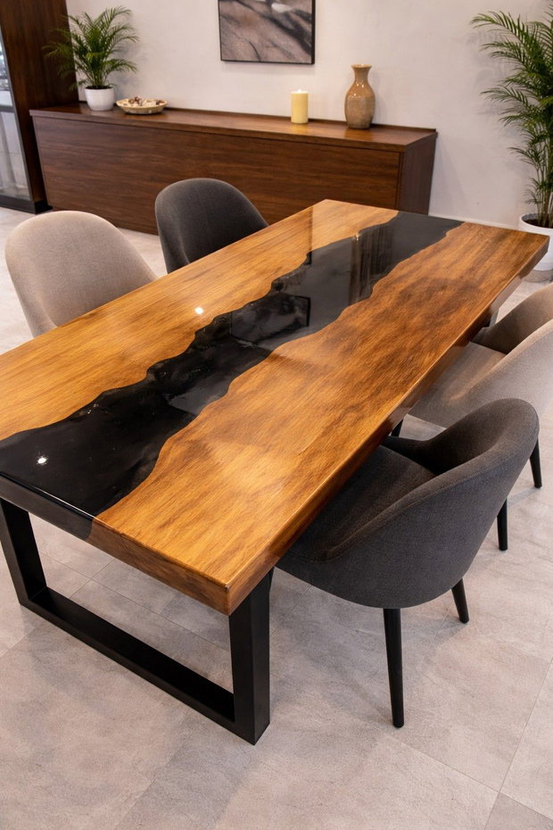 Masă din lemn masiv cu rășină epoxidică neagră - dining modern - dimensiuni personalizate - ATP Wood