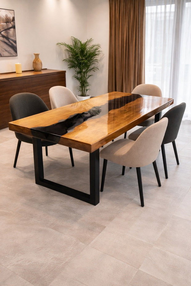 Masă din lemn masiv cu rășină epoxidică neagră - dining modern - dimensiuni personalizate - ATP Wood