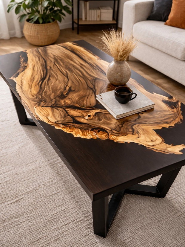 Masă din lemn masiv cu rășină epoxidică - design natural modern - masă dining - ATP Wood