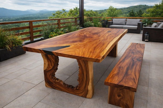 Masă din lemn masiv pentru 12 persoane cu inserții de rășină neagră terasă / foișor 220x100 cm blat 6 cm ATP Wood