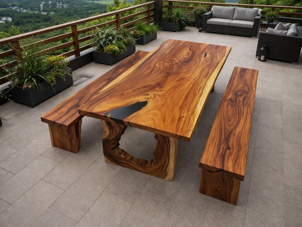 Masă din lemn masiv pentru 12 persoane cu inserții de rășină neagră terasă / foișor 220x100 cm blat 6 cm ATP Wood