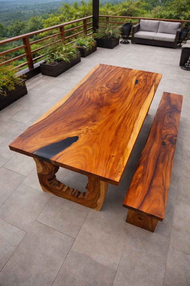 Masă din lemn masiv pentru 12 persoane cu inserții de rășină neagră terasă / foișor 220x100 cm blat 6 cm ATP Wood
