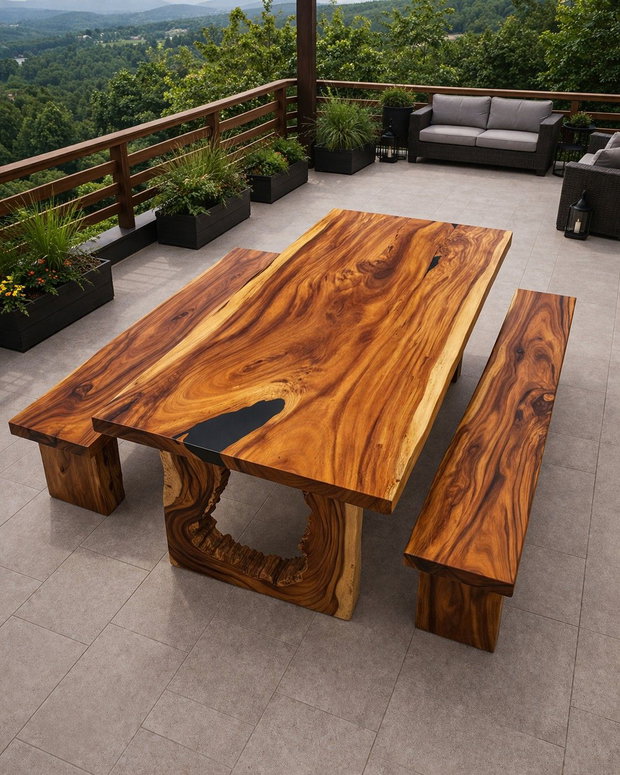 Masă din lemn masiv pentru 12 persoane cu inserții de rășină neagră terasă / foișor 220x100 cm blat 6 cm ATP Wood