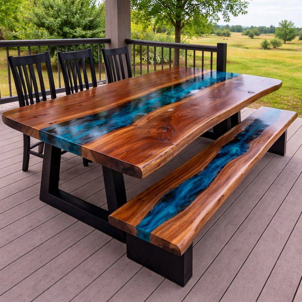 Masă penru terasa - foisor, executata din lemn masiv - rășină epoxidică | River Table - 200x90 cm - ATP Wood