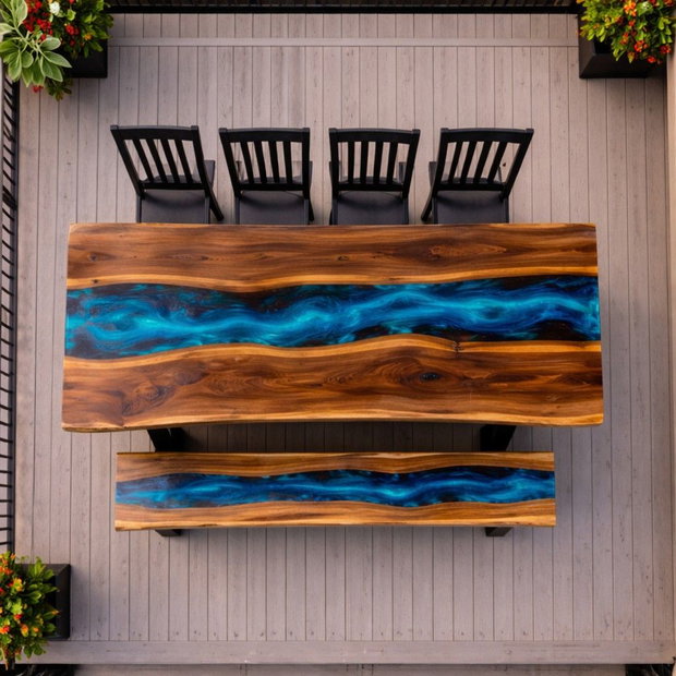 Masă penru terasa - foisor, executata din lemn masiv - rășină epoxidică | River Table - 200x90 cm - ATP Wood