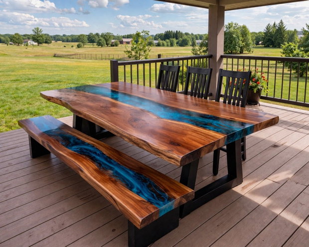 Masă penru terasa - foisor, executata din lemn masiv - rășină epoxidică | River Table - 200x90 cm - ATP Wood