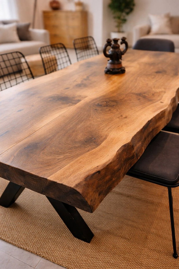 Masă bucătărie din lemn masiv de - margini live edge - design modern natural | 150x60 cm |- ATP Wood