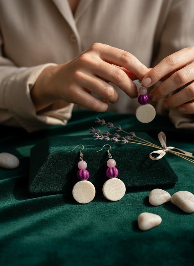 Cercei handmade cu jad alb, jad roz și howlit ciclam eleganți și feminini