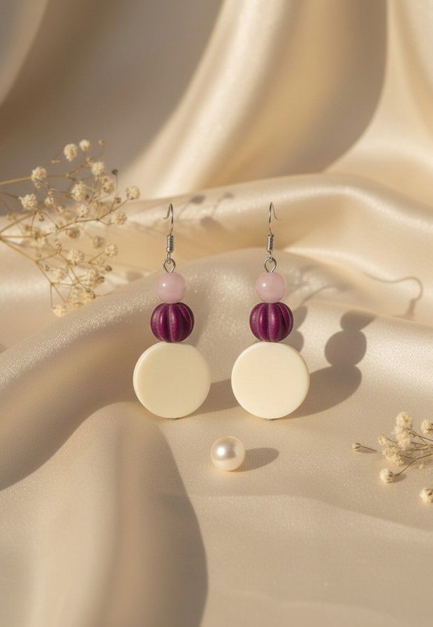 Cercei handmade cu jad alb, jad roz și howlit ciclam eleganți și feminini