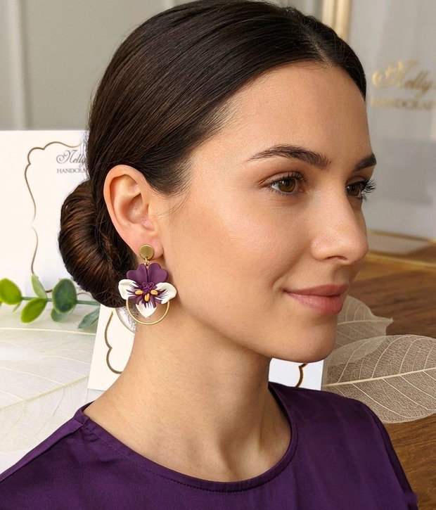 Cercei panselute mov/alb/accesorii inox auriu Handmade Polymer Clay Earrings