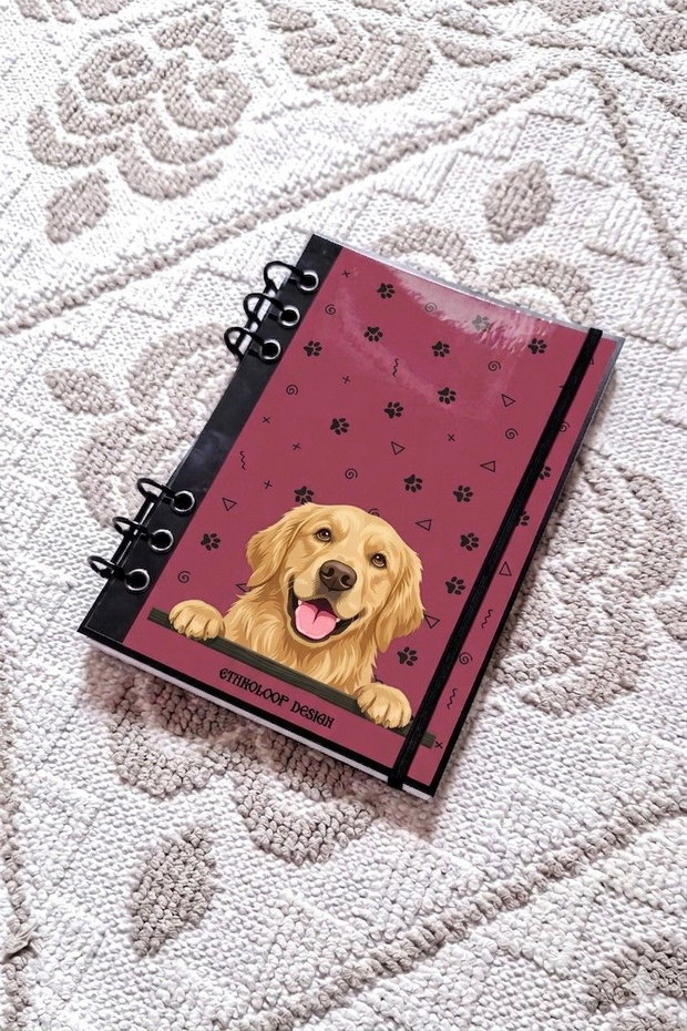 Caiet Mecanic A5 cu Refill Rezerve Foi - Curiosul Golden Retriever Standard v1 (Rosu Burgund)
