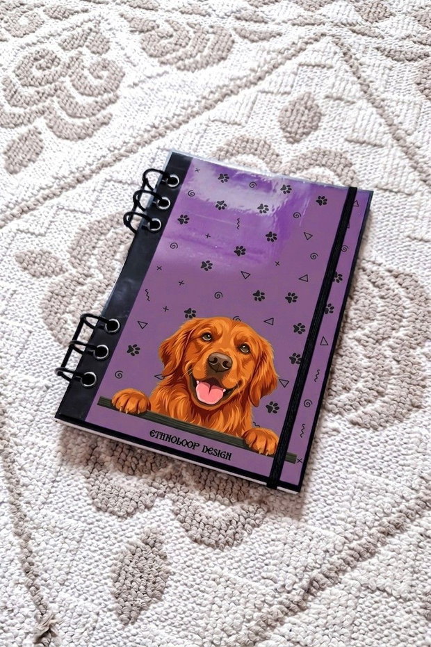Caiet Mecanic A5 cu Refill Rezerve Foi - Curiosul Golden Retriever American v7 (Mov Lila)