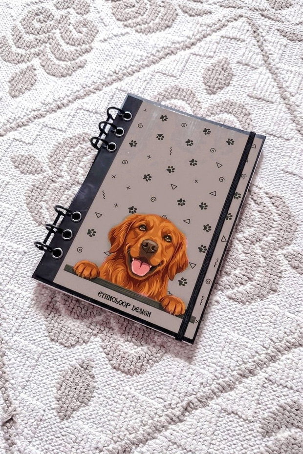 Caiet Mecanic A5 cu Refill Rezerve Foi - Curiosul Golden Retriever American v10 (Gri-Bej/ Grej)