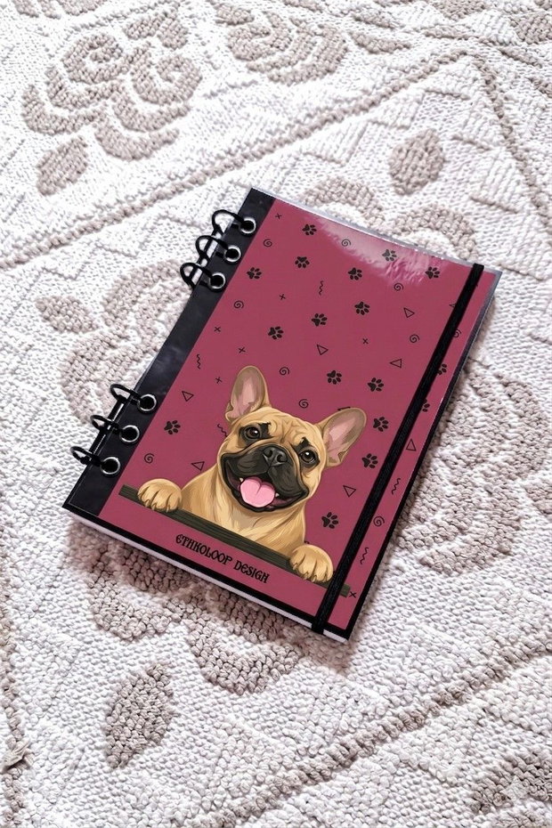 Caiet Mecanic A5 cu Refill Rezerve Foi - Curiosul Buldog Francez Cafeniu v1 (Rosu Burgund)