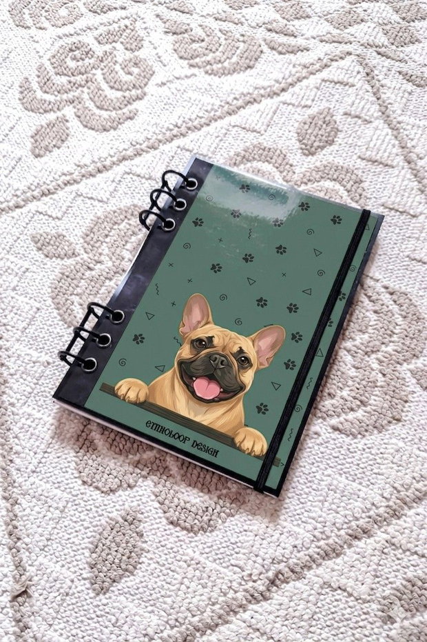Caiet Mecanic A5 cu Refill Rezerve Foi - Curiosul Buldog Francez Cafeniu v4 (Verde Salvie)