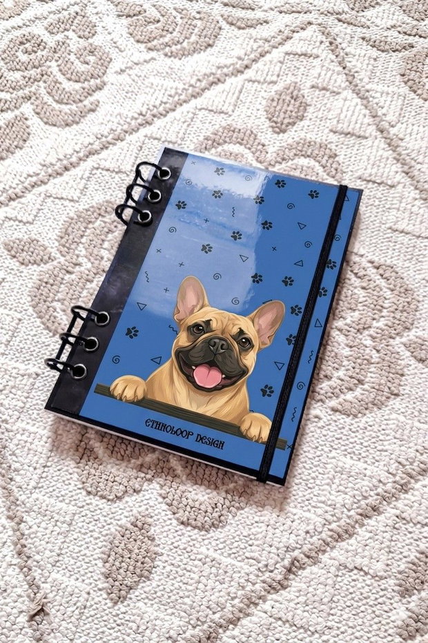 Caiet Mecanic A5 cu Refill Rezerve Foi - Curiosul Buldog Francez Cafeniu v6 (Albastru Azur)