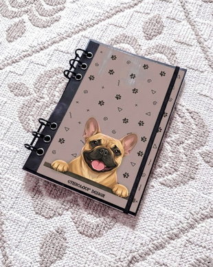 Caiet Mecanic A5 cu Refill Rezerve Foi - Curiosul Buldog Francez Cafeniu v10 (Gri-Bej/ Grej)