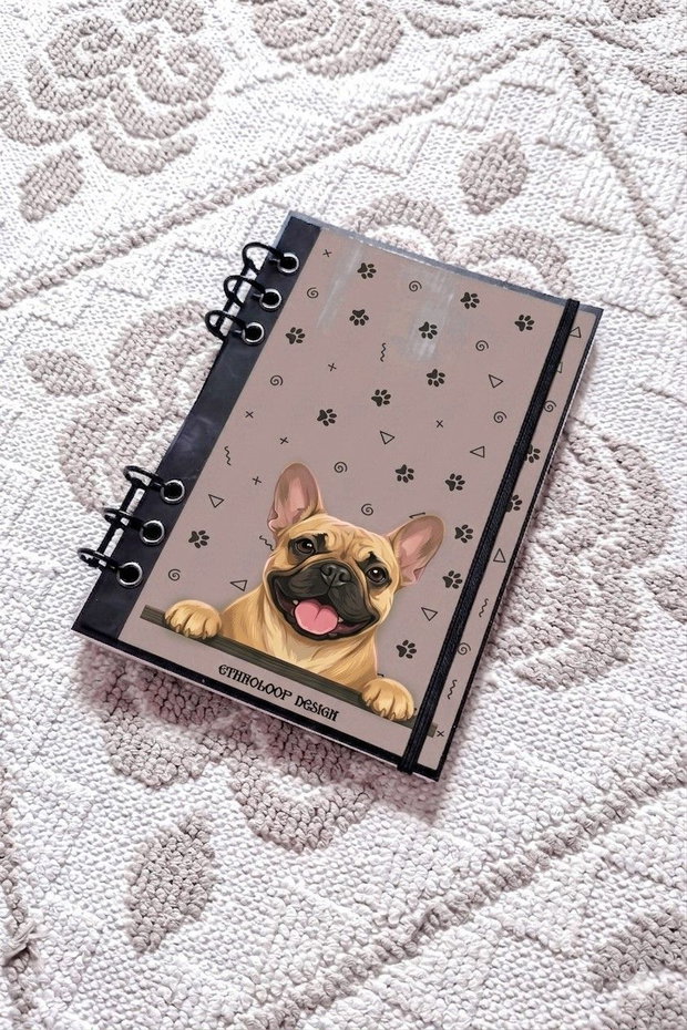 Caiet Mecanic A5 cu Refill Rezerve Foi - Curiosul Buldog Francez Cafeniu v10 (Gri-Bej/ Grej)
