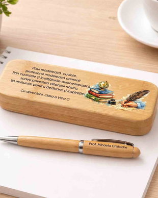 Cadou personalizat profesor  Set premium pix și cutie bambus