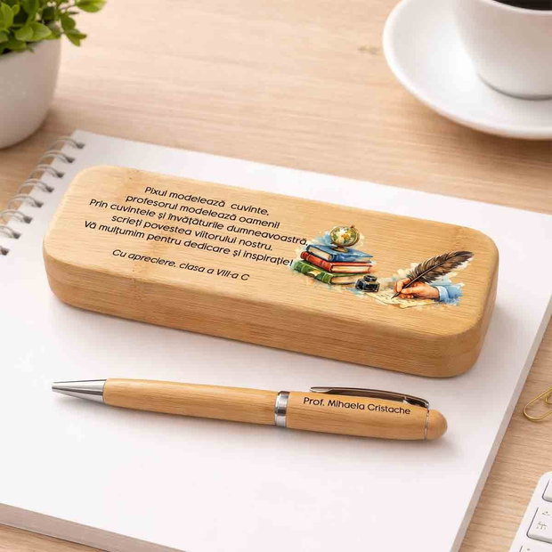 Cadou personalizat profesor Set premium pix și cutie bambus