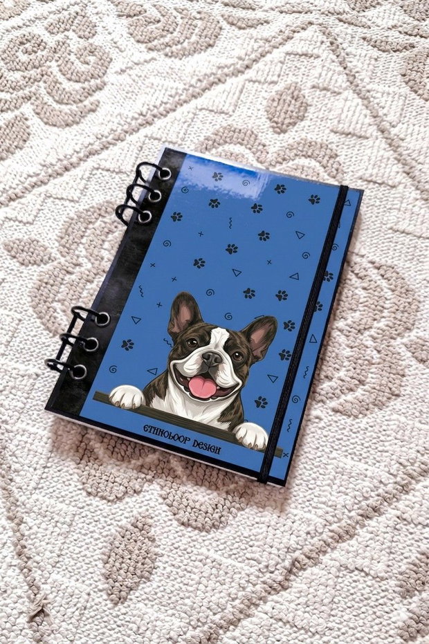 Caiet Mecanic A5 cu Refill Rezerve Foi - Curiosul Buldog Francez Tigrat v6 (Albastru Azur)
