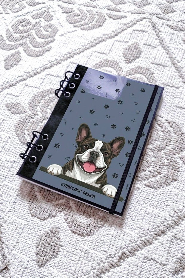 Caiet Mecanic A5 cu Refill Rezerve Foi - Curiosul Buldog Francez Tigrat v9 (Gri Cenusiu)
