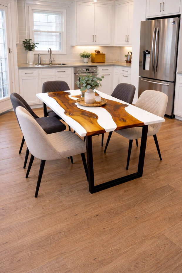 Masă din rășină epoxidică albă cu inserie de stejar masiv - design elegant - ATP Wood