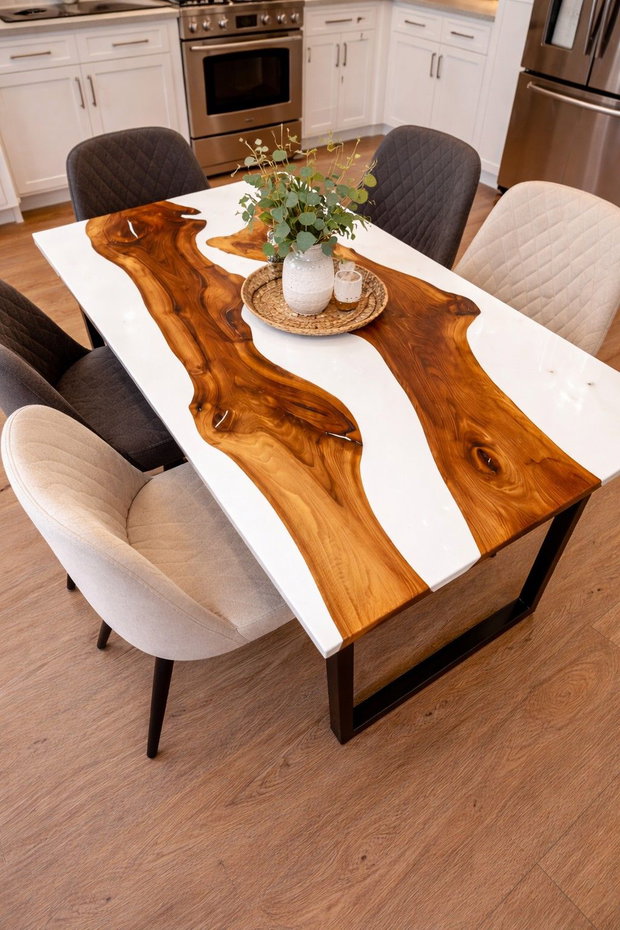 Masă din rășină epoxidică albă cu inserie de stejar masiv - design elegant - ATP Wood