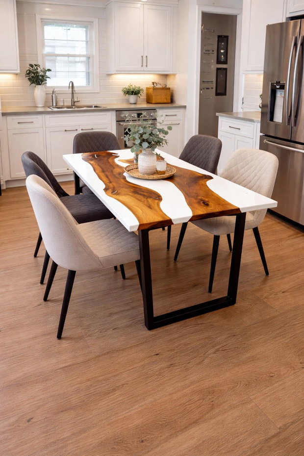 Masă din rășină epoxidică albă cu inserie de stejar masiv - design elegant - ATP Wood