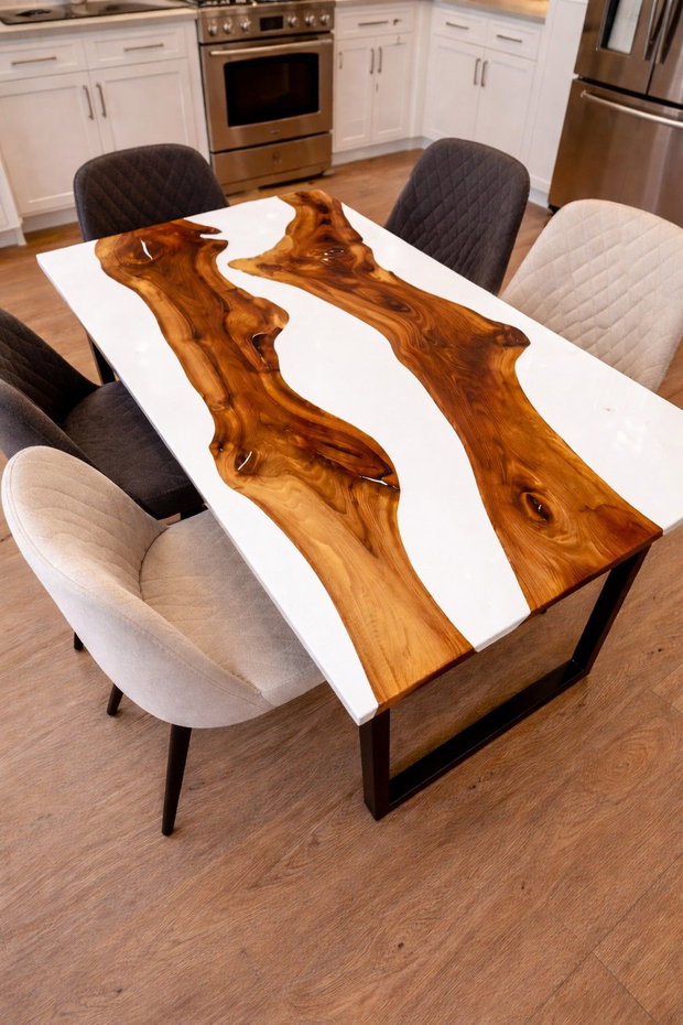 Masă din rășină epoxidică albă cu inserie de stejar masiv - design elegant - ATP Wood